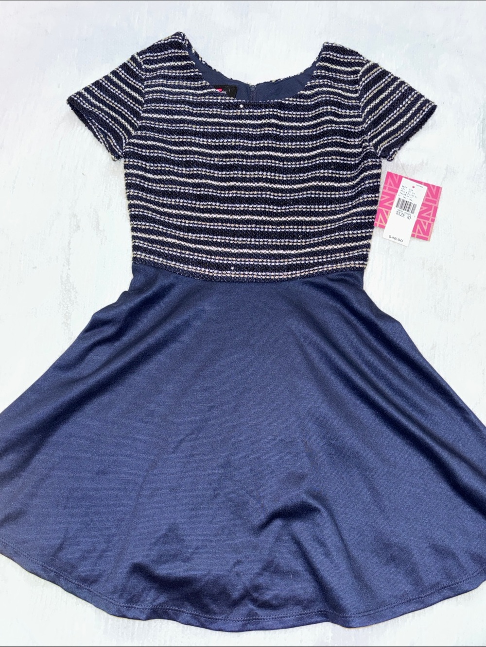 NWT. Navy, White and Gold Striped Knit Bodice Fit-and-Flare Kids Dress